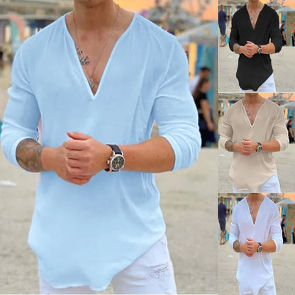 All men's clothing Pure cotton sweatpot pullover men's shirt New fashion V-neck casual solid color men solid color top T-shirt