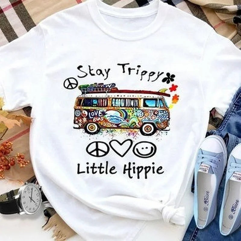 Little Hippie Print T Shirt Women Short Sleeve O Neck Loose Tshirt Summer Women Causal Tee Shirt Tops Camisetas Mujer