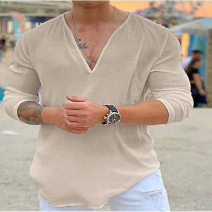 All men's clothing Pure cotton sweatpot pullover men's shirt New fashion V-neck casual solid color men solid color top T-shirt