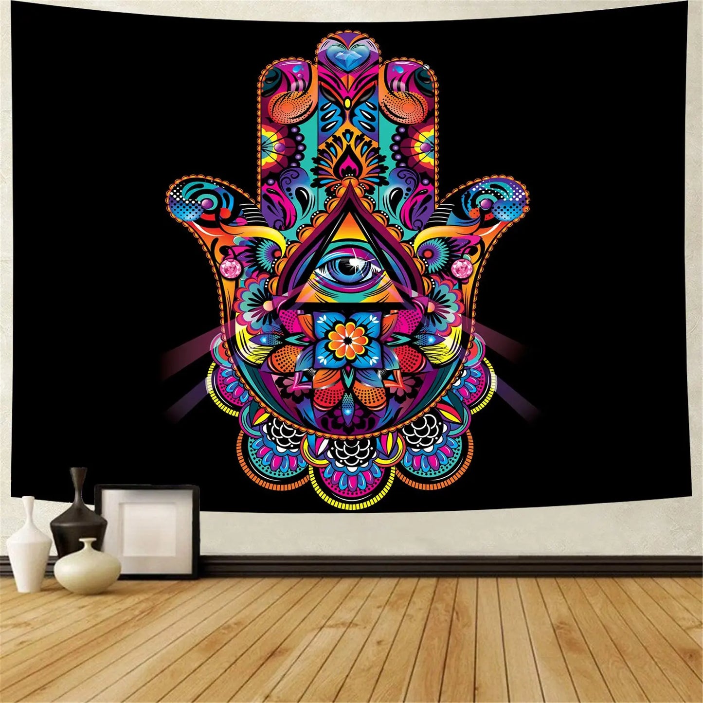 Black Gold Hamsa Hand Tapestry Psychedelic Evil Eye Wall Hanging Trippy Mandala Tapestries Bohemian Good Luck Wall Blanket Cloth