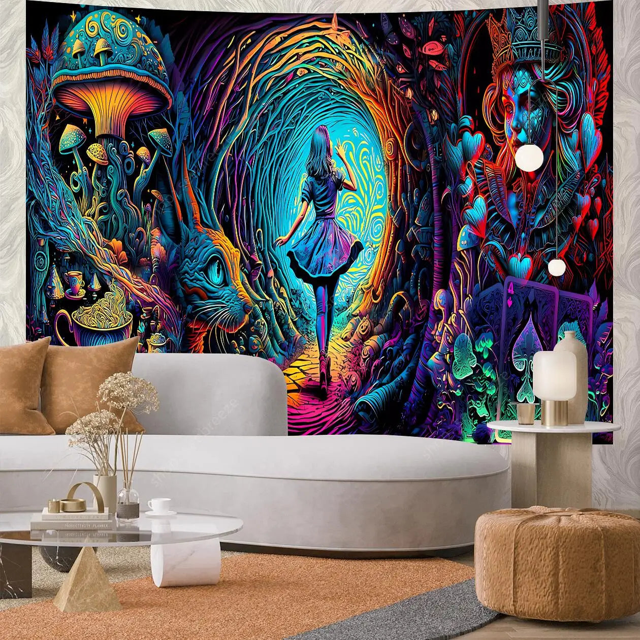 Psychedelic Figure UV Reactive Tapestry Trippy Landscape Tapestry Wall Hanging Neon Backdrop for Hippie Room Decor Party Decor