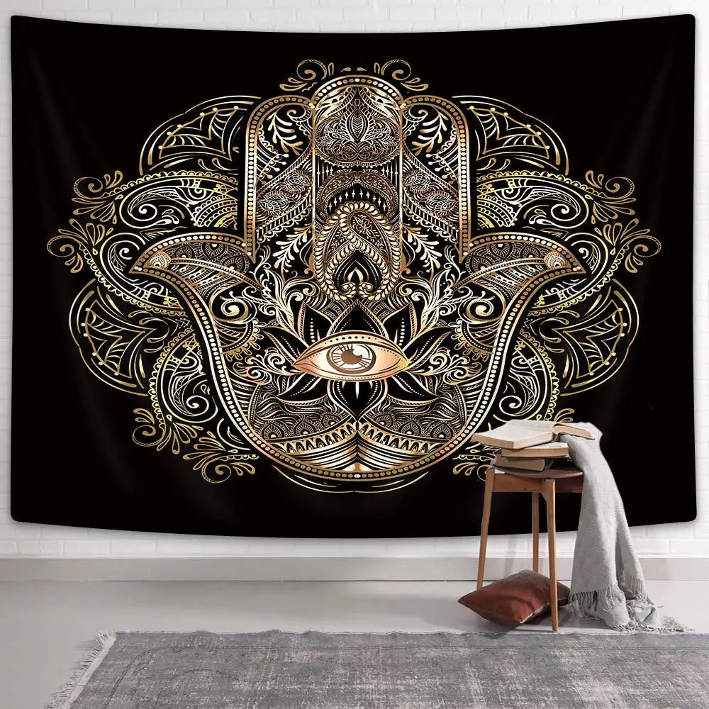 Black Gold Hamsa Hand Tapestry Psychedelic Evil Eye Wall Hanging Trippy Mandala Tapestries Bohemian Good Luck Wall Blanket Cloth