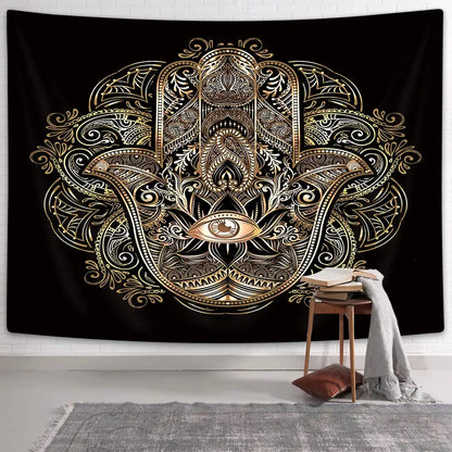 Black Gold Hamsa Hand Tapestry Psychedelic Evil Eye Wall Hanging Trippy Mandala Tapestries Bohemian Good Luck Wall Blanket Cloth