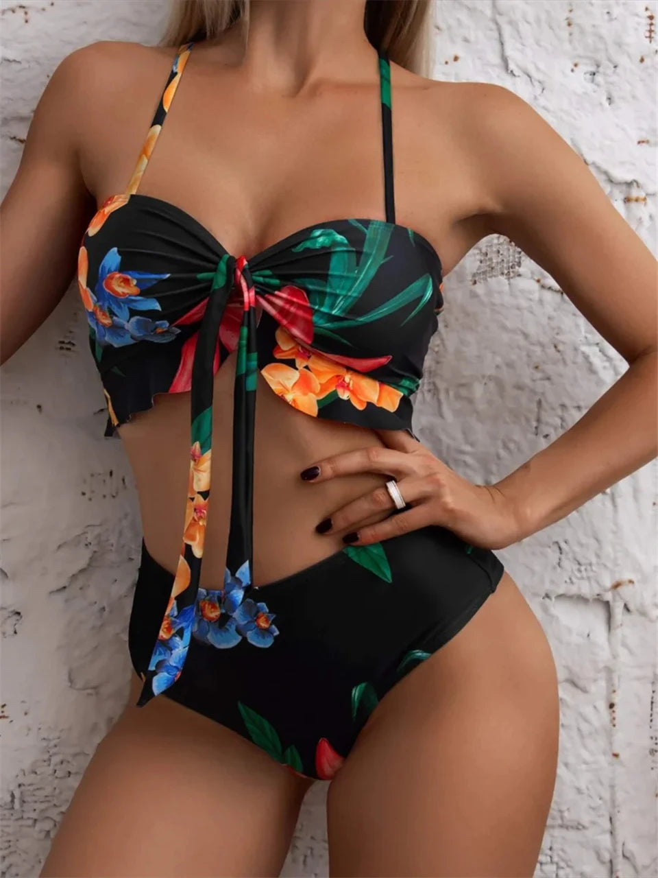 2024 Women Ruffle Swimwear 3 Pieces Floral Print Knot Front Bikini Set Female High Waist Bathing Suit With Beach Skirt Swimsuit