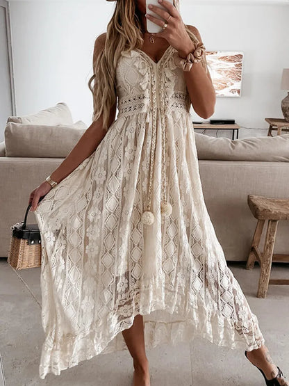 Women Lace Boho Style Long Dress Solid Color Deep V-neck Sleeveless Beachwear High Waist A-Line Summer Wild Sling Dress For Lady