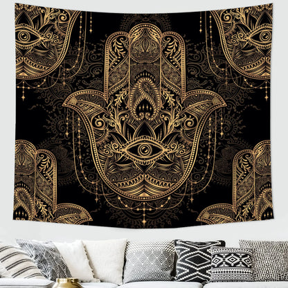 Black Gold Hamsa Hand Tapestry Psychedelic Evil Eye Wall Hanging Trippy Mandala Tapestries Bohemian Good Luck Wall Blanket Cloth