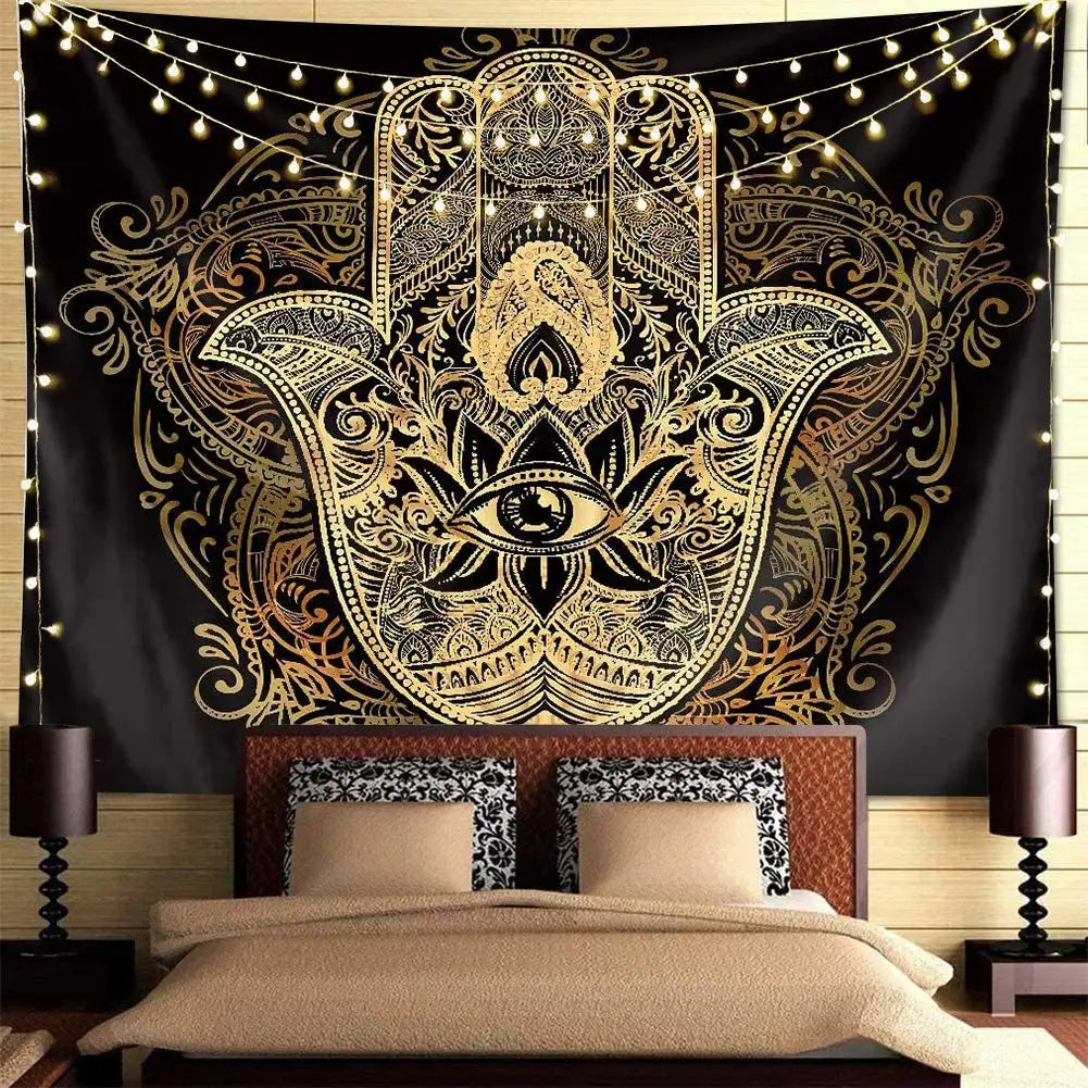 Black Gold Hamsa Hand Tapestry Psychedelic Evil Eye Wall Hanging Trippy Mandala Tapestries Bohemian Good Luck Wall Blanket Cloth