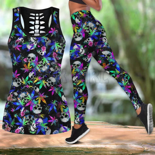 Skull Trippie Tie Dye  3D Printed Tank Top+Legging Combo Outfit Yoga Fitness Legging Women