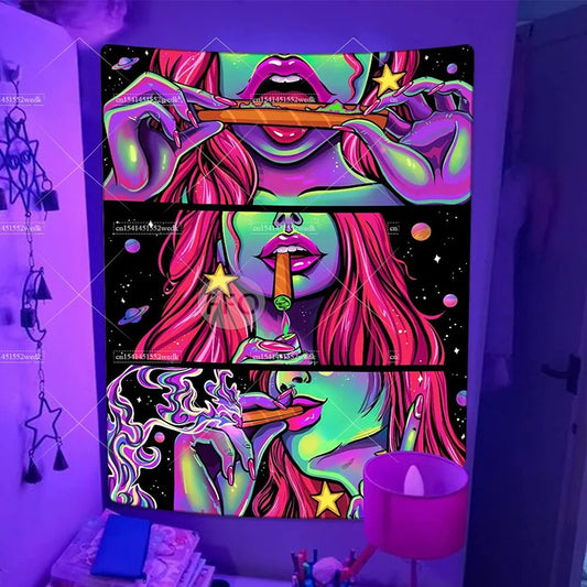 Trippy Girl Blacklight Tapestry UV Reactive Wall Hanging Living Room Decor Decoration Smoking Tapestries Aesthetic Sofa Blankets