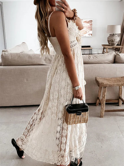 Women Lace Boho Style Long Dress Solid Color Deep V-neck Sleeveless Beachwear High Waist A-Line Summer Wild Sling Dress For Lady