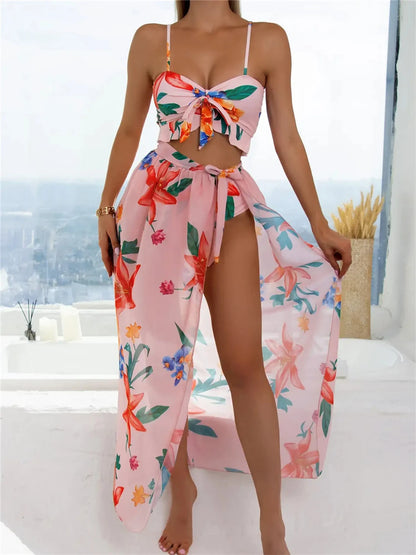 2024 Women Ruffle Swimwear 3 Pieces Floral Print Knot Front Bikini Set Female High Waist Bathing Suit With Beach Skirt Swimsuit