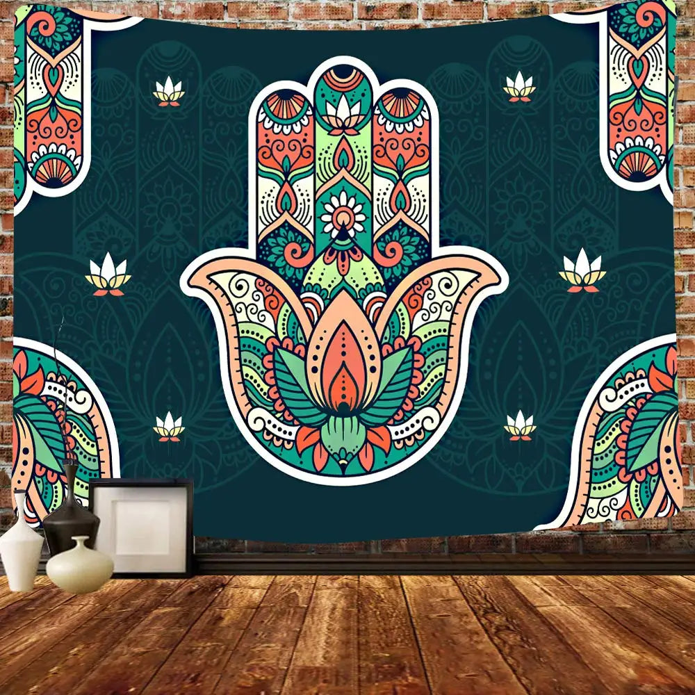 Black Gold Hamsa Hand Tapestry Psychedelic Evil Eye Wall Hanging Trippy Mandala Tapestries Bohemian Good Luck Wall Blanket Cloth