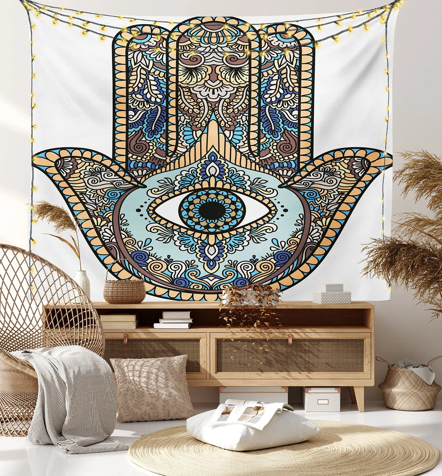 Black Gold Hamsa Hand Tapestry Psychedelic Evil Eye Wall Hanging Trippy Mandala Tapestries Bohemian Good Luck Wall Blanket Cloth